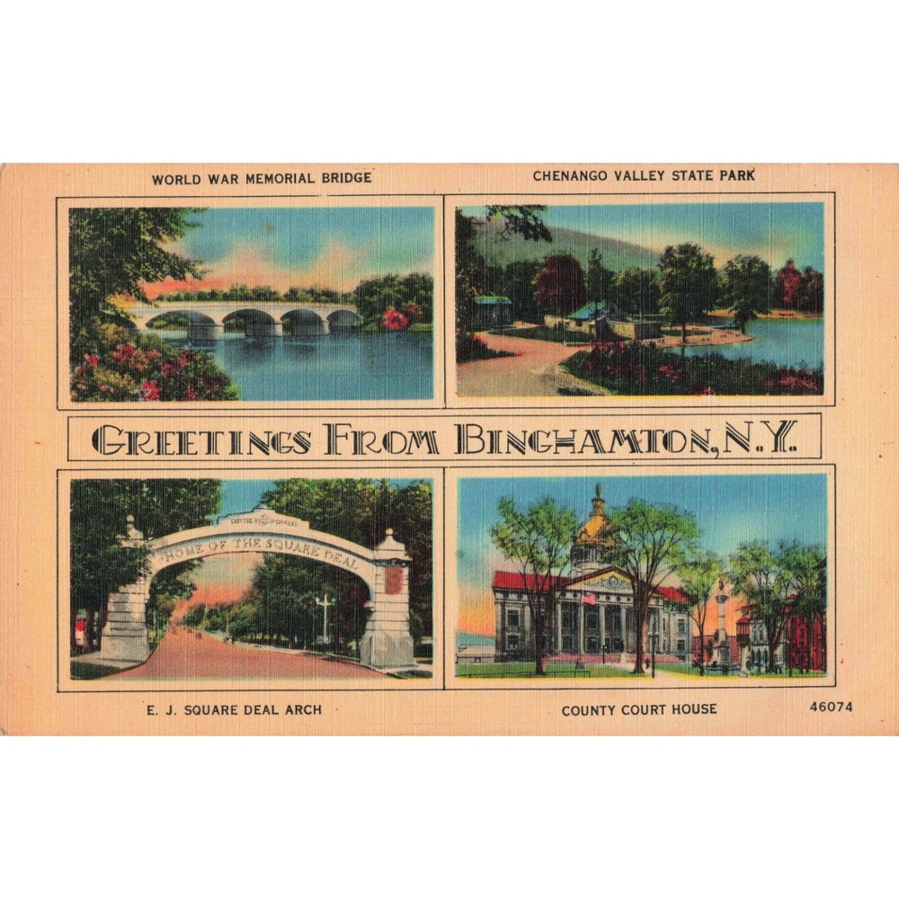 Vintage Greetings From Binghamton NY Linen Postcard 4 View Memorial Bridge Arch - Picture 1 of 2